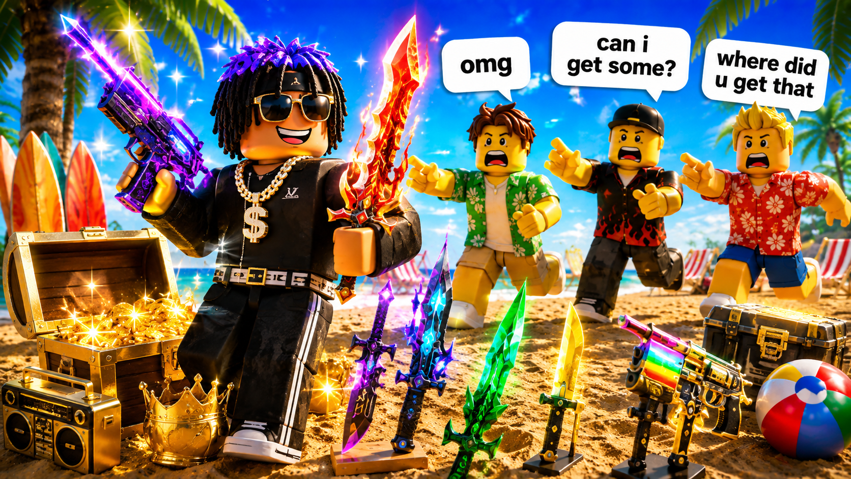 Roblox player with a large collection of colorful MM2 items